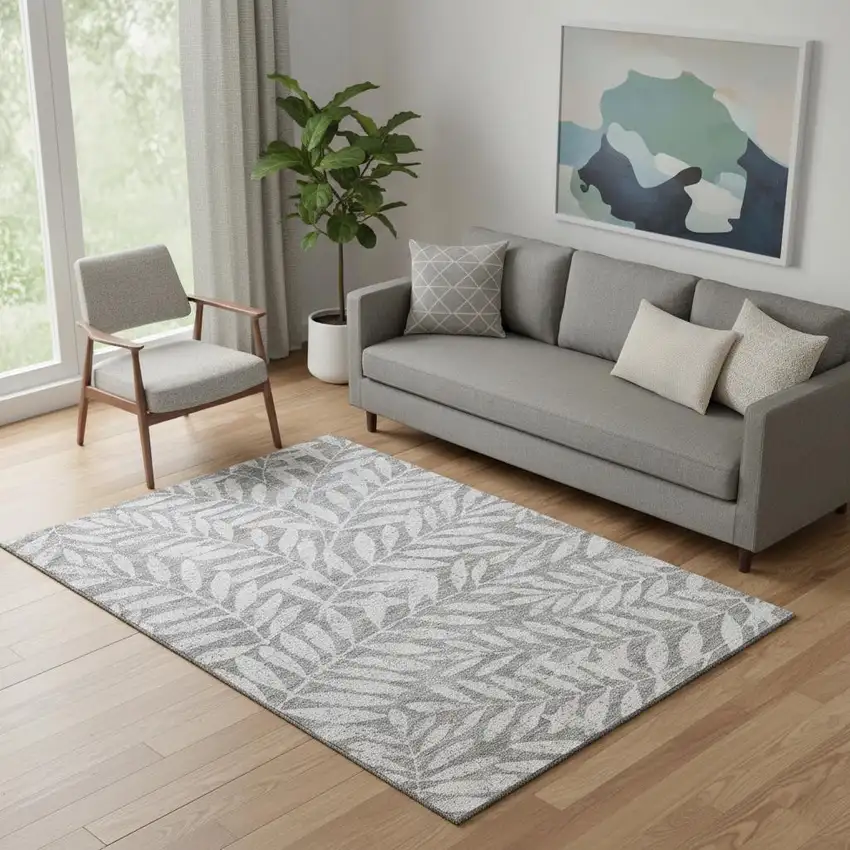 Gray And Silver Floral Washable Area Rug With UV Protection Photo 1