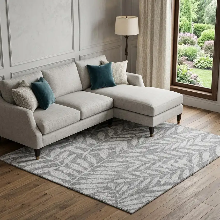Gray And Silver Floral Washable Area Rug With UV Protection Photo 1