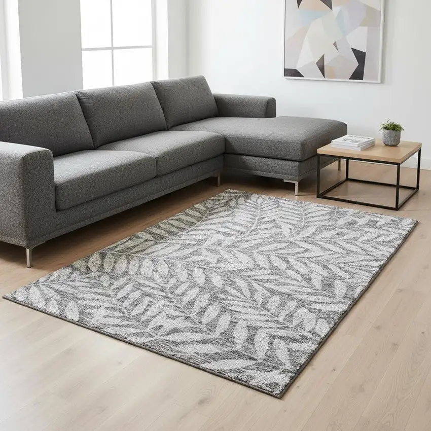 Gray And Silver Floral Washable Area Rug With UV Protection Photo 2