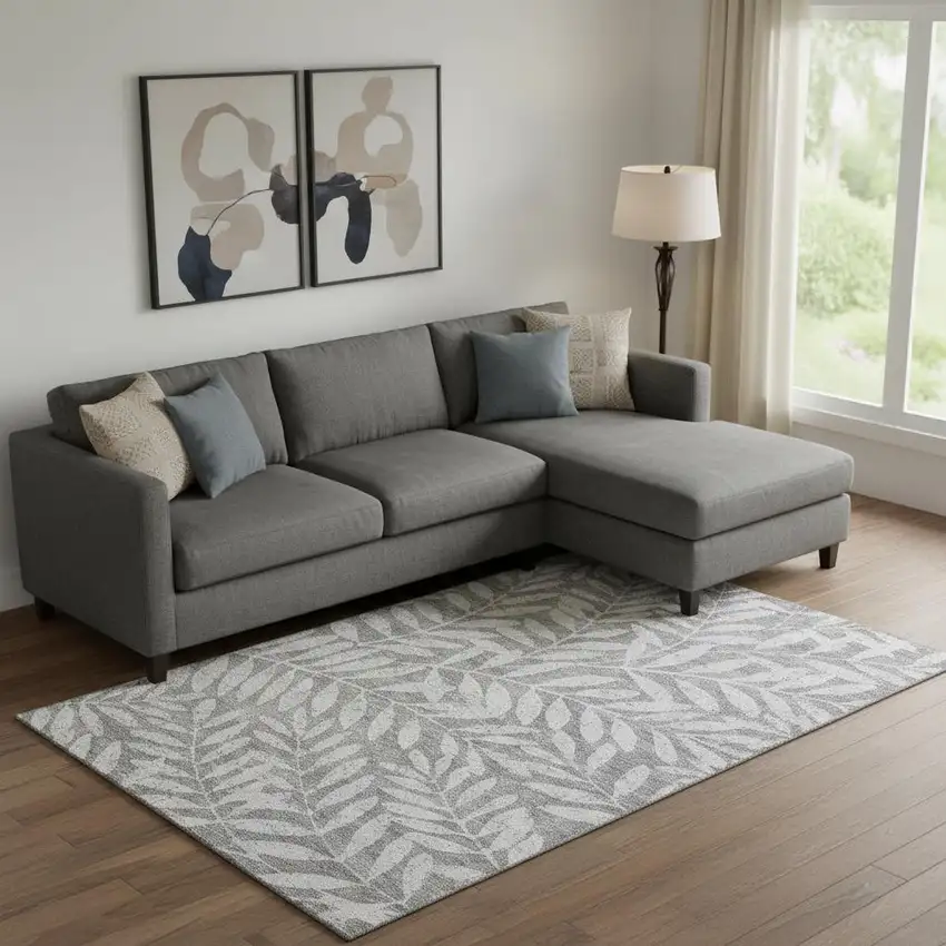 Gray And Silver Floral Washable Area Rug With UV Protection Photo 1