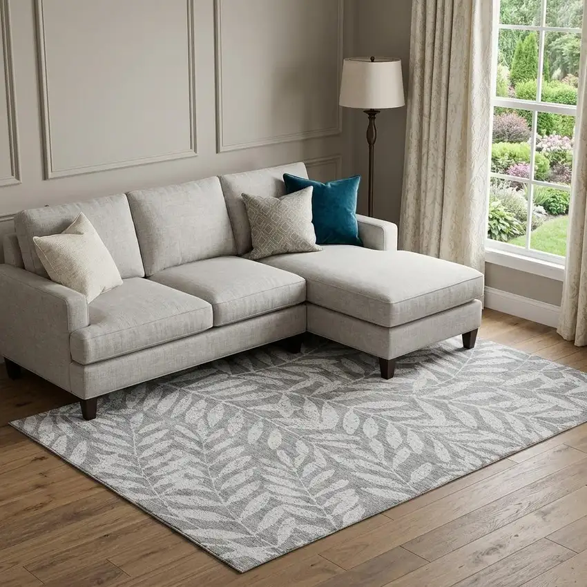 Gray And Silver Floral Washable Area Rug With UV Protection Photo 1