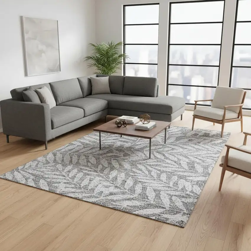 Gray And Silver Floral Washable Area Rug With UV Protection Photo 2