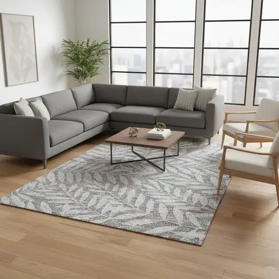 Gray And Silver Floral Washable Area Rug With UV Protection Photo 2