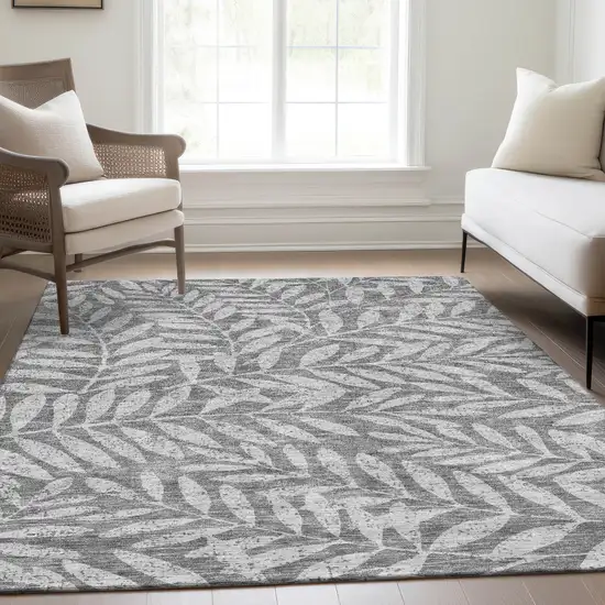 Gray And Silver Floral Washable Area Rug With UV Protection Photo 6