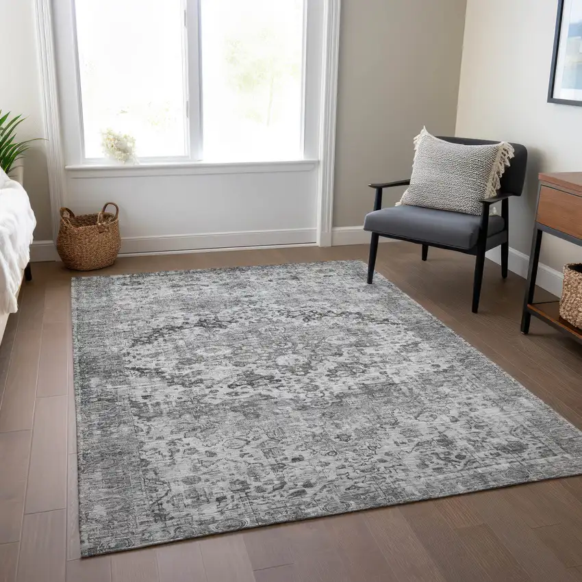 Gray And Silver Floral Washable Indoor Outdoor Area Rug Photo 7