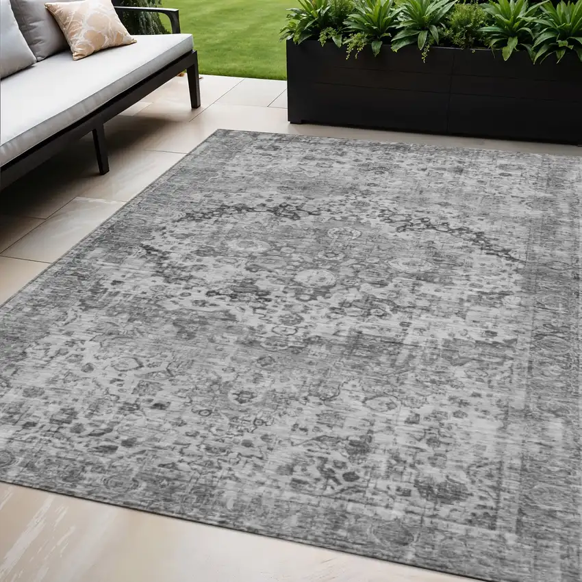 Gray And Silver Floral Washable Indoor Outdoor Area Rug Photo 2