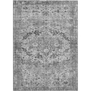 Photo of Gray And Silver Floral Washable Indoor Outdoor Area Rug