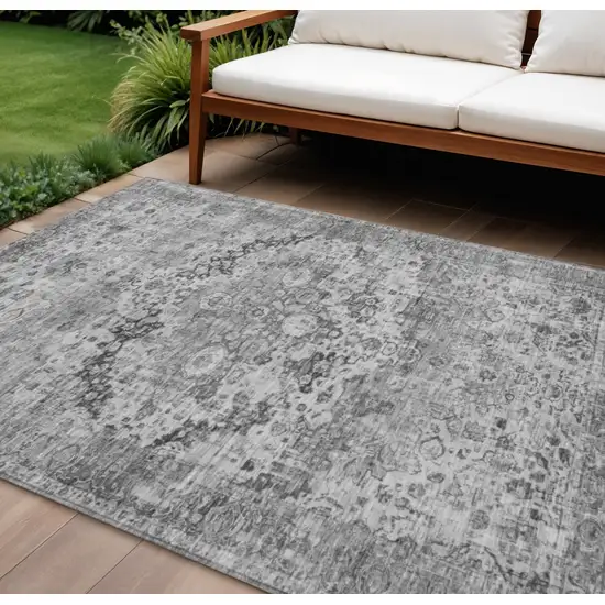 Gray And Silver Floral Washable Indoor Outdoor Area Rug Photo 2