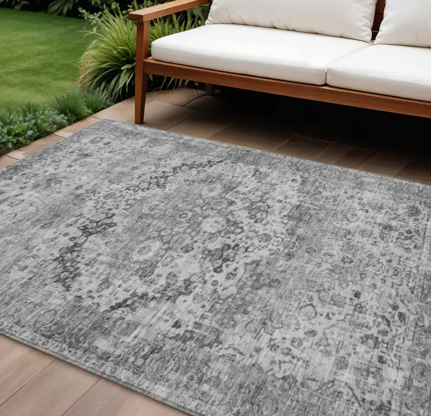 Gray And Silver Floral Washable Indoor Outdoor Area Rug Photo 2