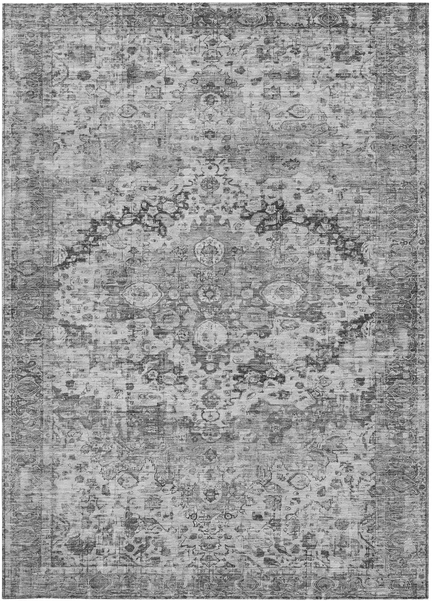 Gray And Silver Floral Washable Indoor Outdoor Area Rug Photo 3