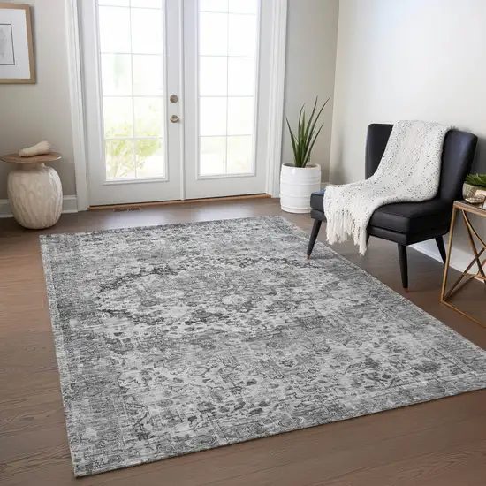 Gray And Silver Floral Washable Indoor Outdoor Area Rug Photo 6