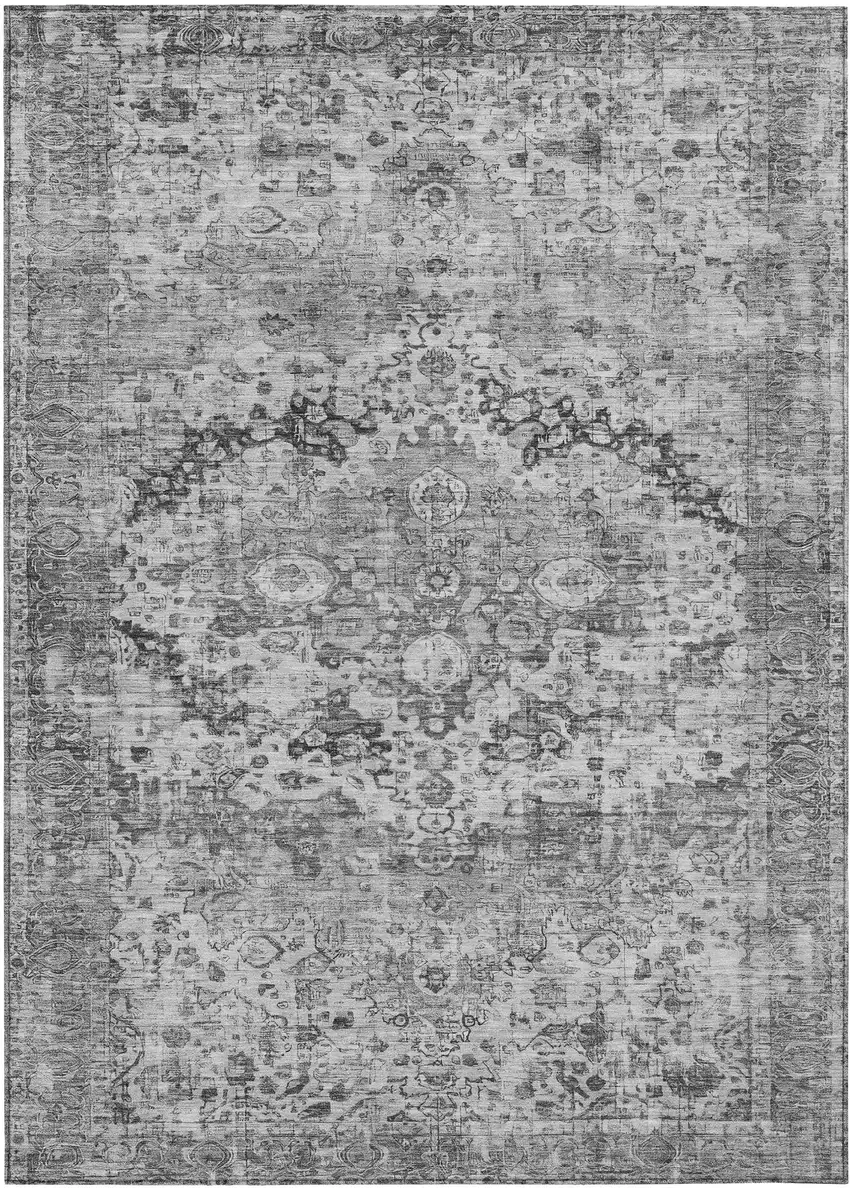 Gray And Silver Floral Washable Indoor Outdoor Area Rug Photo 1