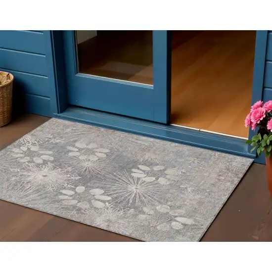 Gray And Silver Floral Washable Indoor Outdoor Area Rug Photo 1