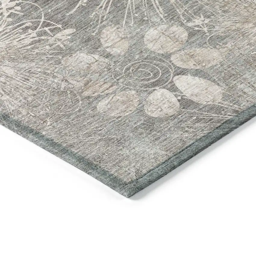 Gray And Silver Floral Washable Indoor Outdoor Area Rug Photo 5