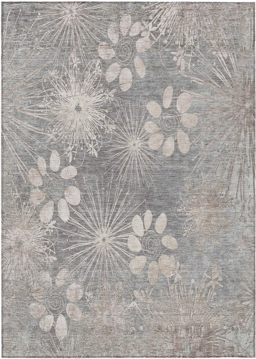 Gray And Silver Floral Washable Indoor Outdoor Area Rug Photo 2