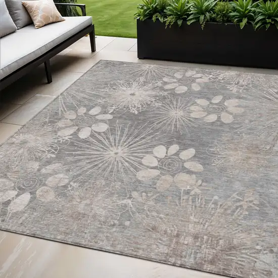 Gray And Silver Floral Washable Indoor Outdoor Area Rug Photo 1