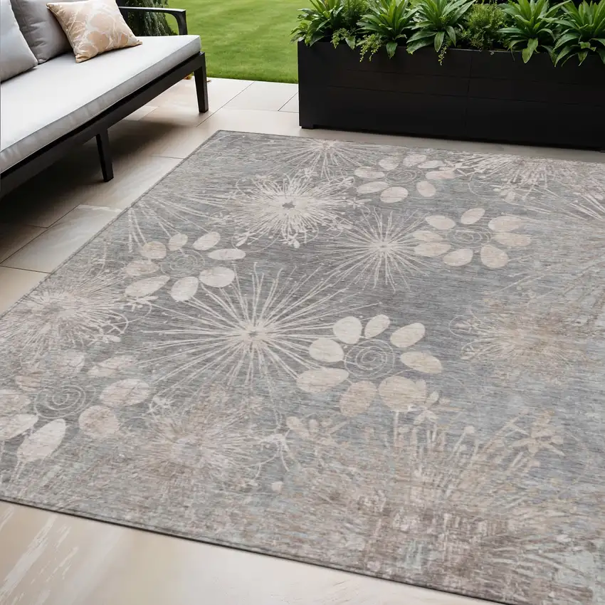 Gray And Silver Floral Washable Indoor Outdoor Area Rug Photo 1