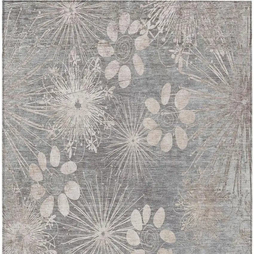 Gray And Silver Floral Washable Indoor Outdoor Area Rug Photo 4