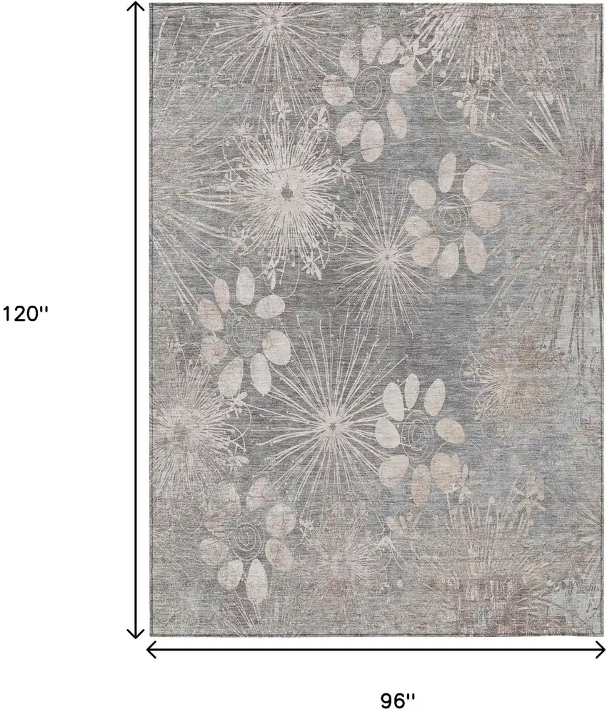 Gray And Silver Floral Washable Indoor Outdoor Area Rug Photo 3