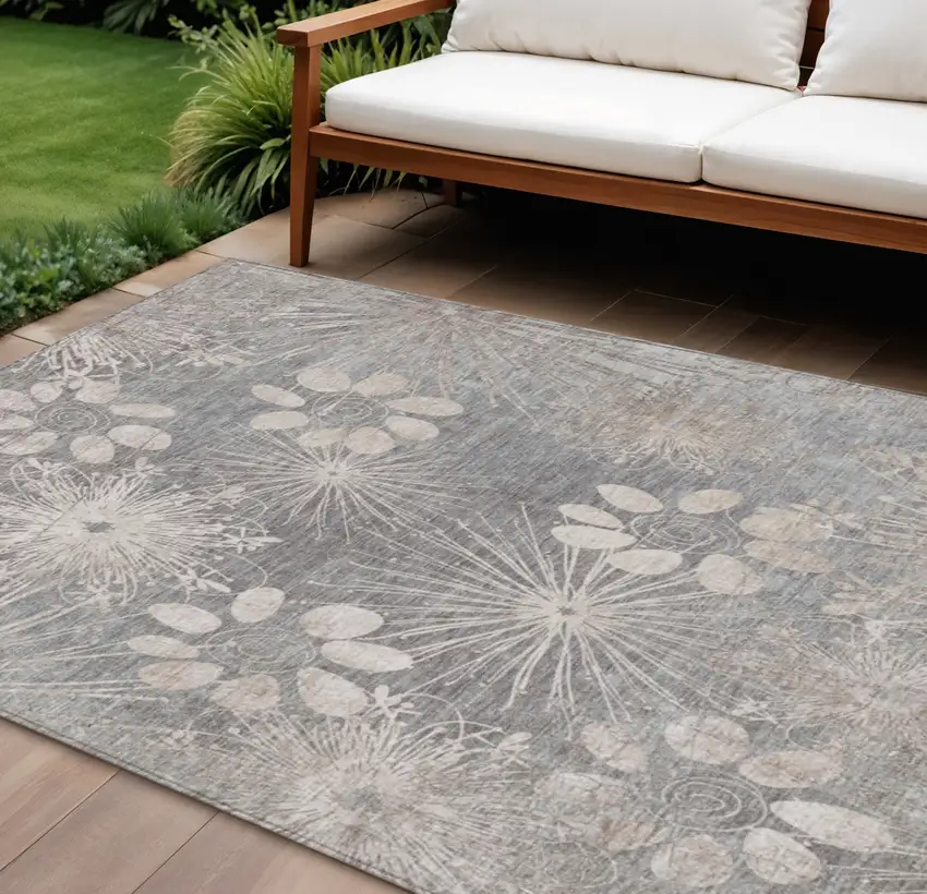 Gray And Silver Floral Washable Indoor Outdoor Area Rug Photo 1