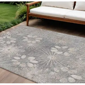 Photo of Gray And Silver Floral Washable Indoor Outdoor Area Rug
