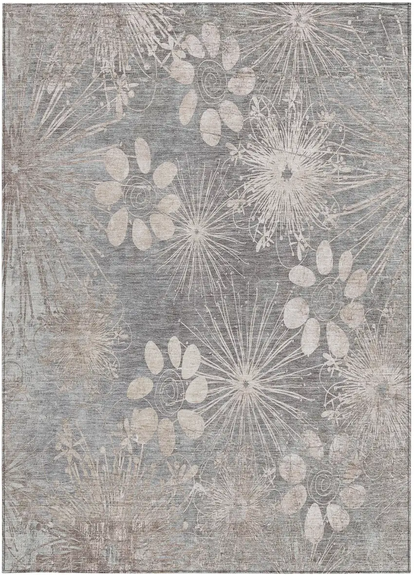 Gray And Silver Floral Washable Indoor Outdoor Area Rug Photo 5