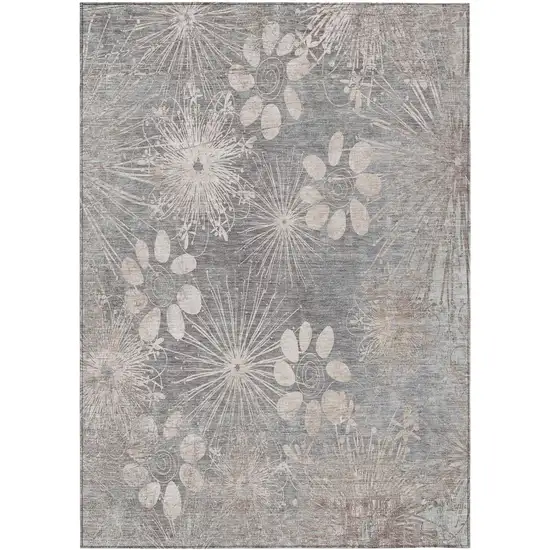 Gray And Silver Floral Washable Indoor Outdoor Area Rug Photo 2
