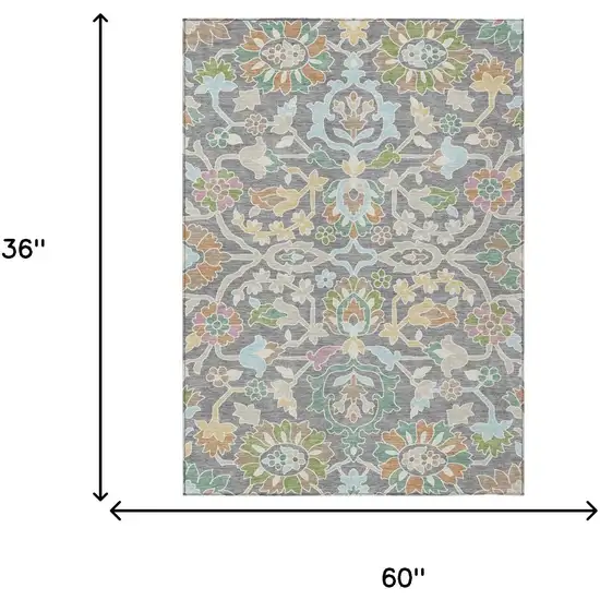 Gray And Silver Floral Washable Indoor Outdoor Area Rug Photo 6