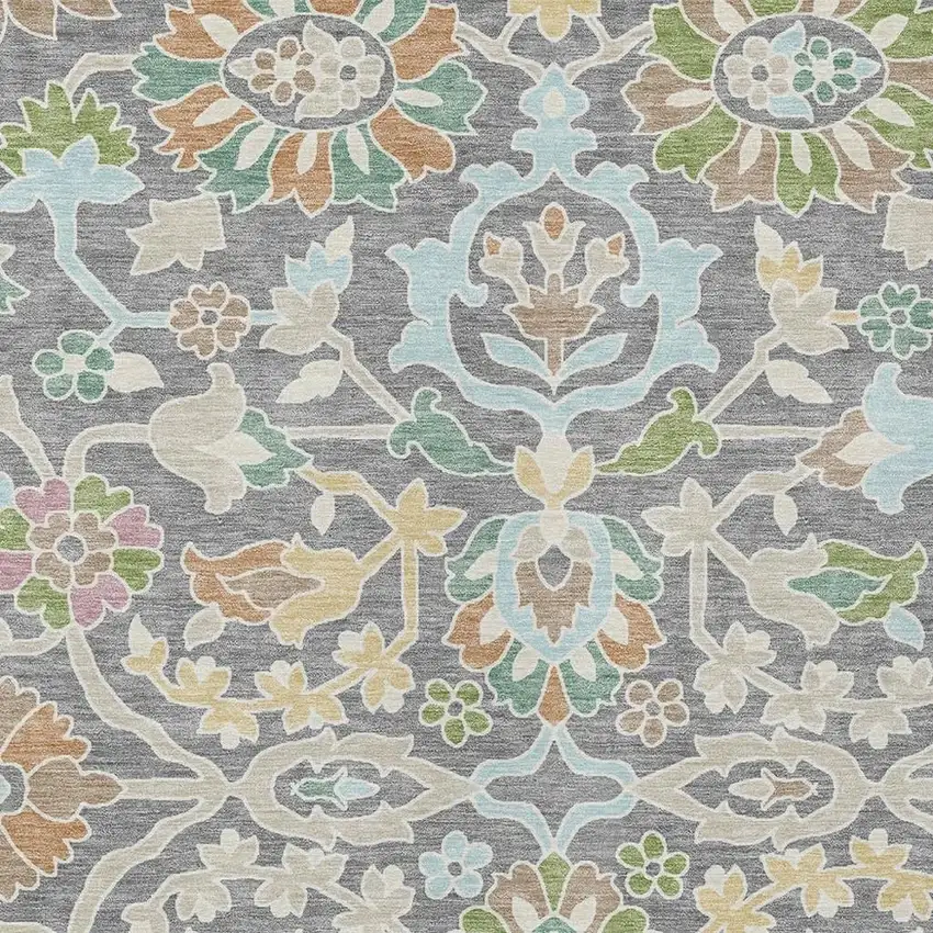 Gray And Silver Floral Washable Indoor Outdoor Area Rug Photo 2