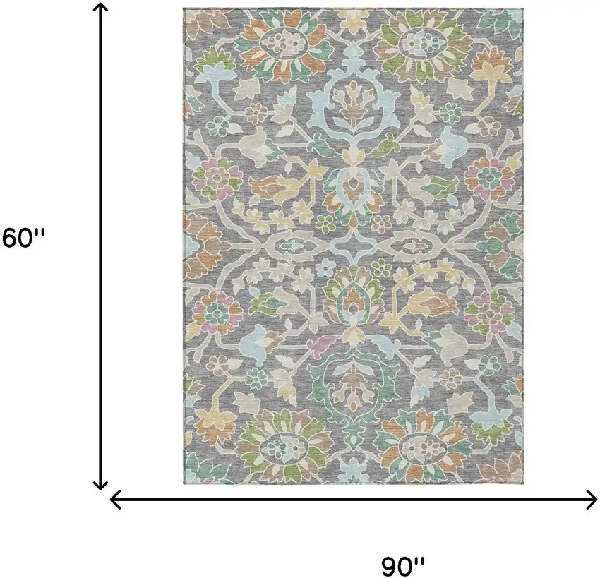 Gray And Silver Floral Washable Indoor Outdoor Area Rug Photo 6