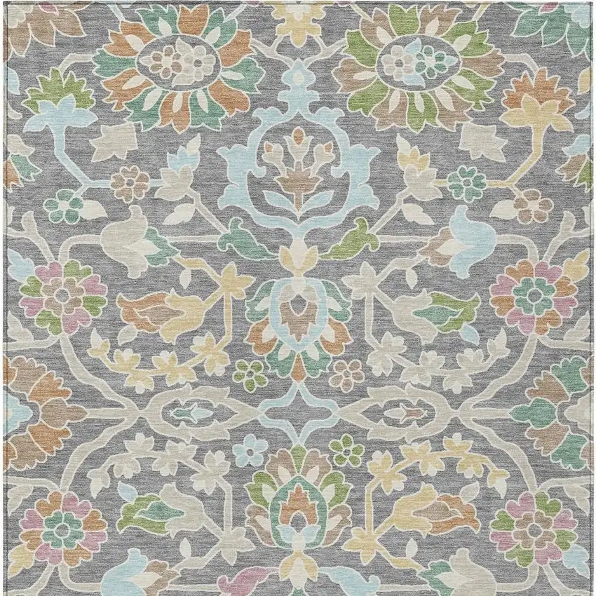Gray And Silver Floral Washable Indoor Outdoor Area Rug Photo 3
