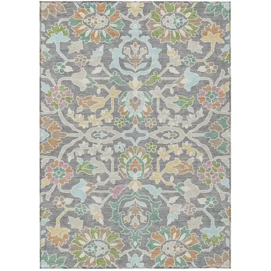 Gray And Silver Floral Washable Indoor Outdoor Area Rug Photo 1