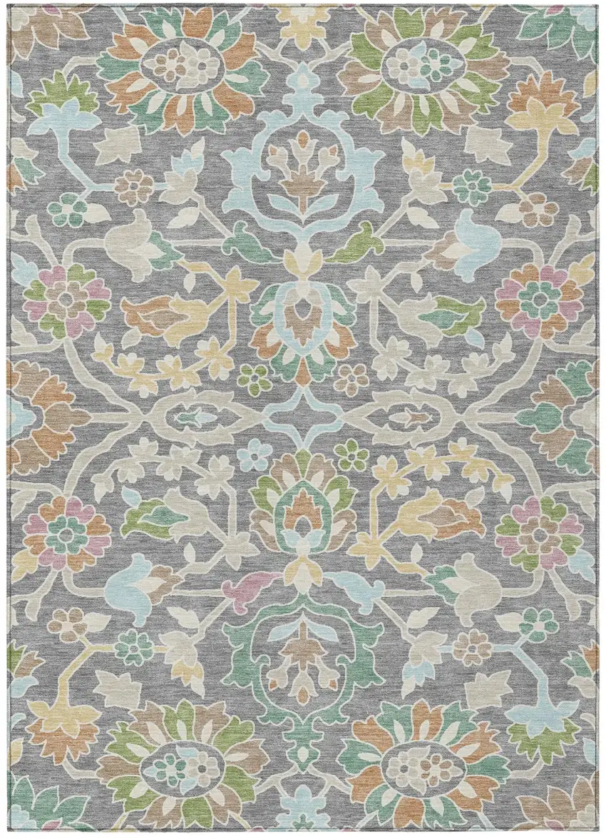 Gray And Silver Floral Washable Indoor Outdoor Area Rug Photo 1