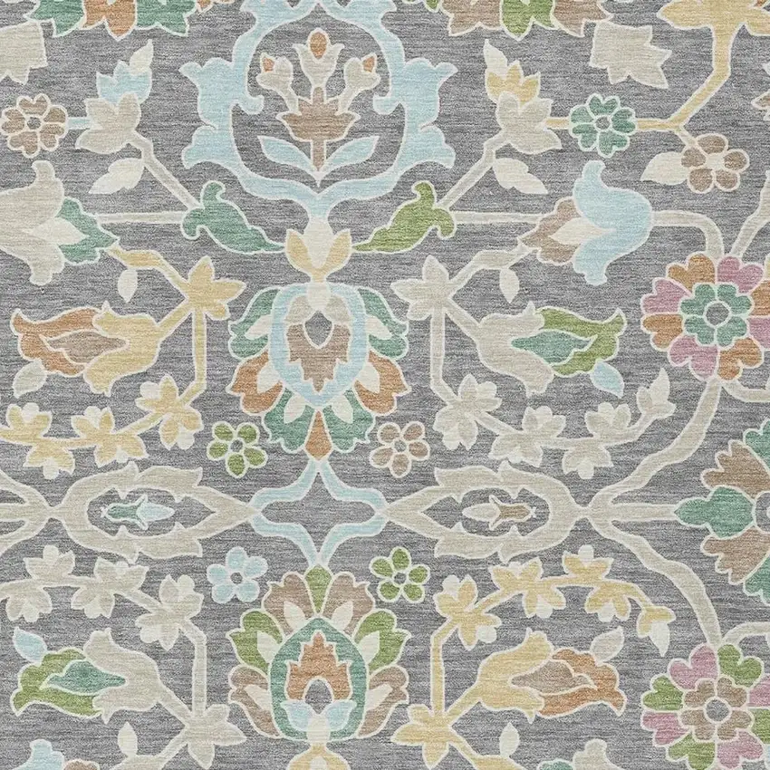 Gray And Silver Floral Washable Indoor Outdoor Area Rug Photo 2
