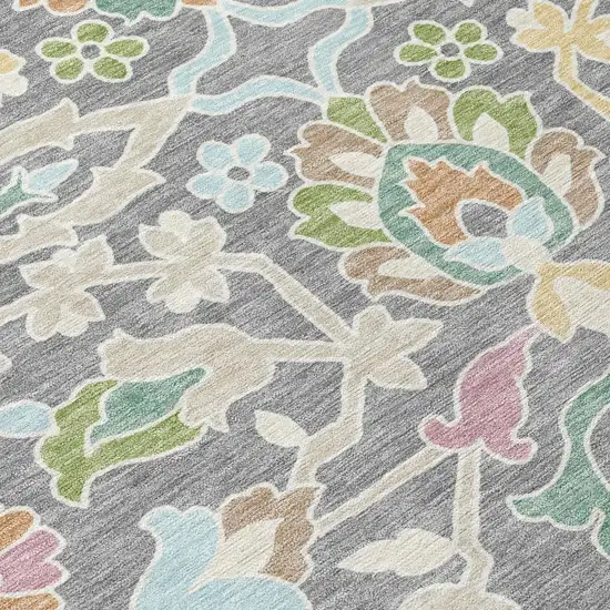 Gray And Silver Floral Washable Indoor Outdoor Area Rug Photo 5