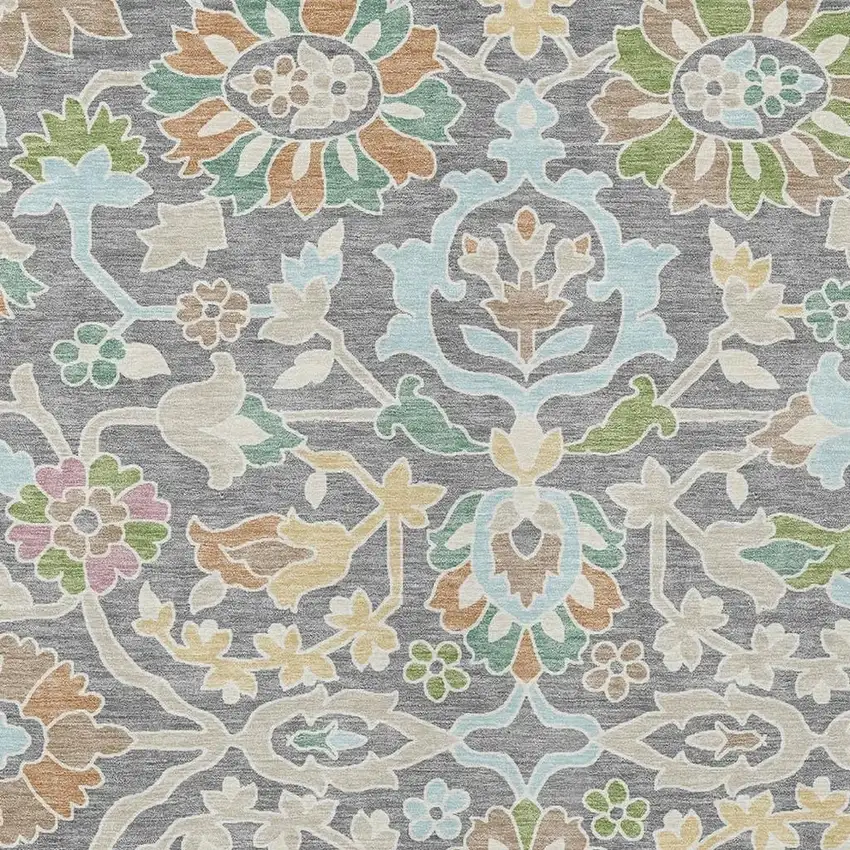 Gray And Silver Floral Washable Indoor Outdoor Area Rug Photo 2