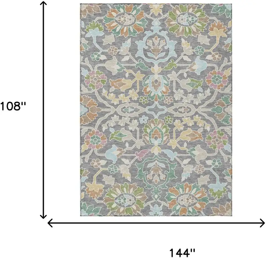 Gray And Silver Floral Washable Indoor Outdoor Area Rug Photo 6