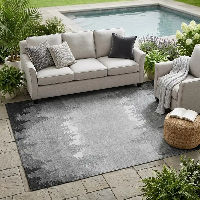 Gray And Silver Floral Washable Indoor Outdoor Area Rug Photo 1