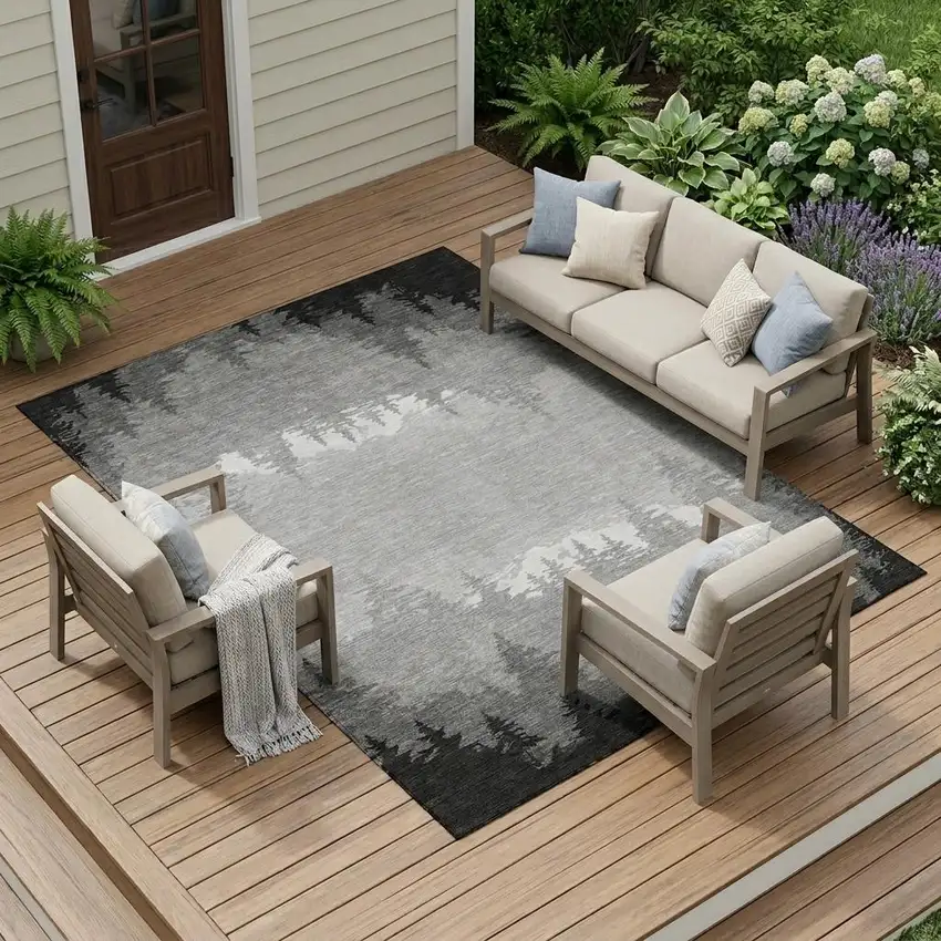 Gray And Silver Floral Washable Indoor Outdoor Area Rug Photo 1
