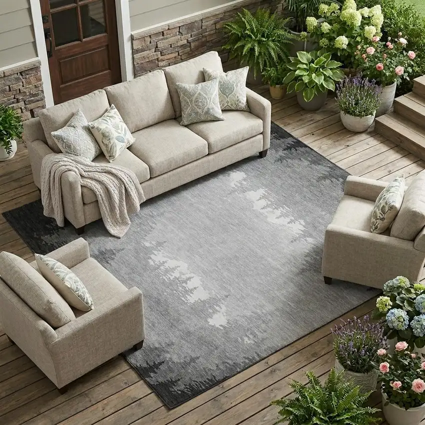 Gray And Silver Floral Washable Indoor Outdoor Area Rug Photo 1