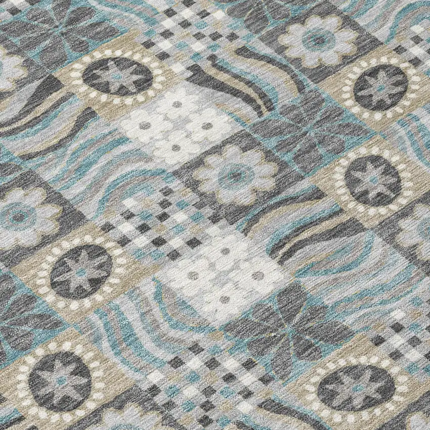 Gray And Silver Floral Washable Indoor Outdoor Area Rug Photo 5