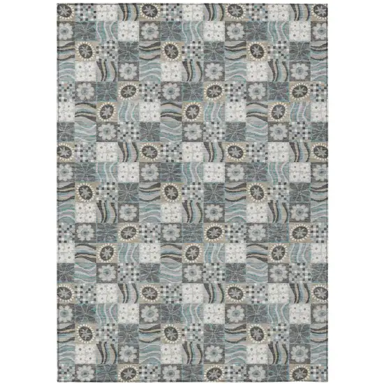 Gray And Silver Floral Washable Indoor Outdoor Area Rug Photo 2