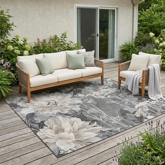 Gray And Silver Floral Washable Indoor Outdoor Area Rug Photo 1