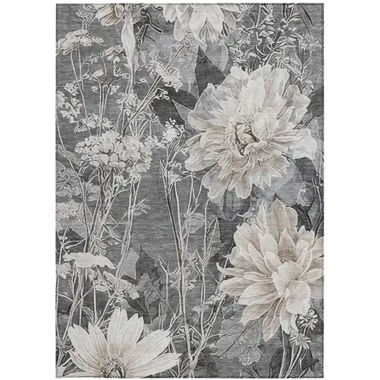 Gray And Silver Floral Washable Indoor Outdoor Area Rug Photo 3
