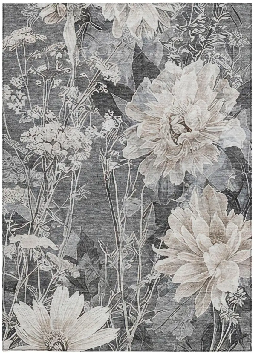 Gray And Silver Floral Washable Indoor Outdoor Area Rug Photo 3