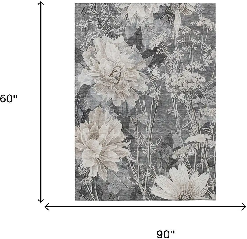 Gray And Silver Floral Washable Indoor Outdoor Area Rug Photo 6