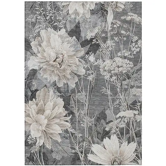 Gray And Silver Floral Washable Indoor Outdoor Area Rug Photo 1