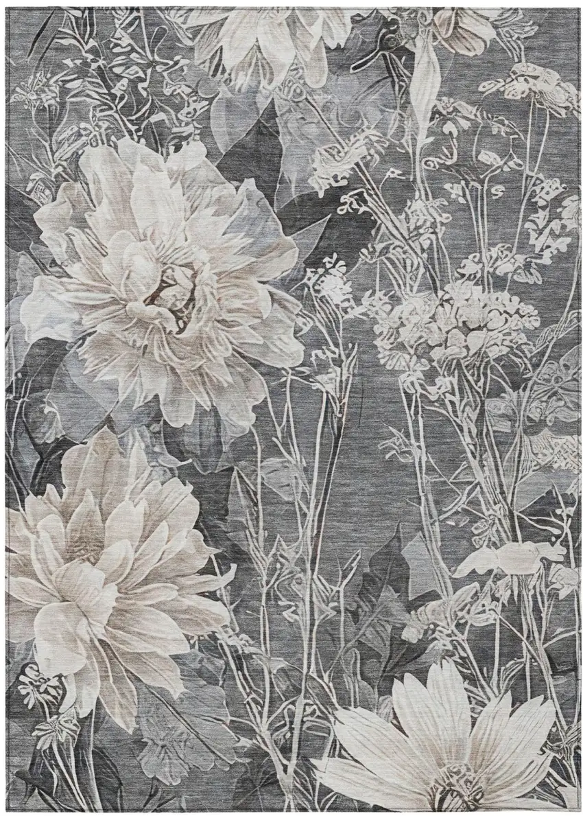 Gray And Silver Floral Washable Indoor Outdoor Area Rug Photo 1