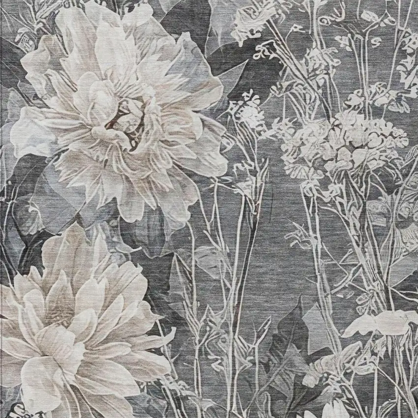 Gray And Silver Floral Washable Indoor Outdoor Area Rug Photo 2