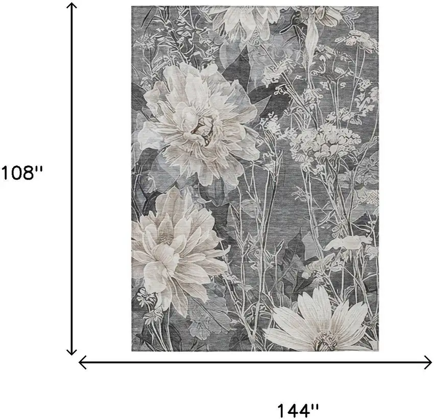 Gray And Silver Floral Washable Indoor Outdoor Area Rug Photo 6